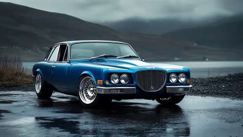 Blue classic sedan rests on wet coastal road under clouds