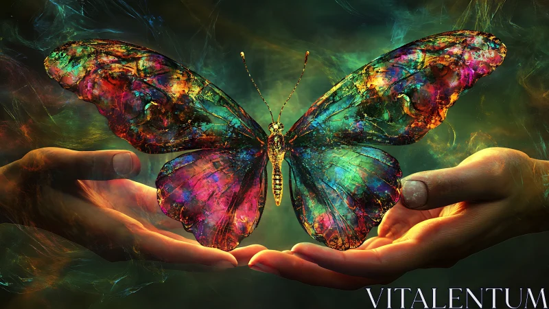 Glasslike multicolor butterfly resting between two hands.