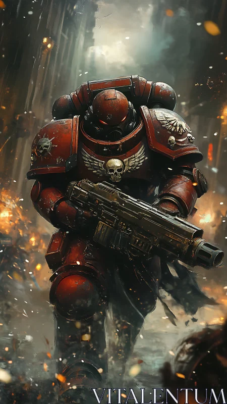 Armored space warrior advances through burning war-torn city