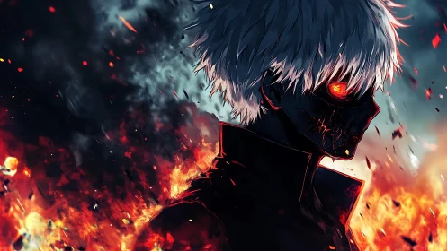 Fiery masked antihero walking through a storm of embers.