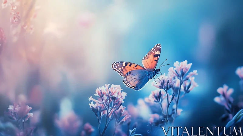 Monarch butterfly hovers above pastel wildflowers in cool bokeh field