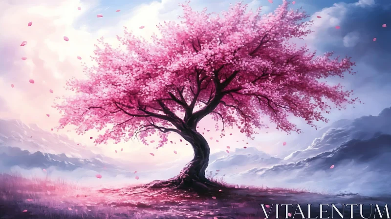 Solitary cherry tree blooms vividly against misty mountains