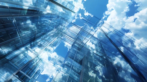 Modern Glass Towers Rise Against Bright Blue Sky and Clouds