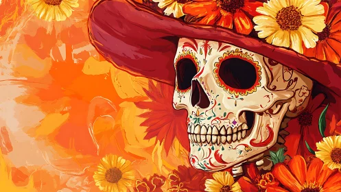 Calavera portrait in marigolds with saturated orange palette.