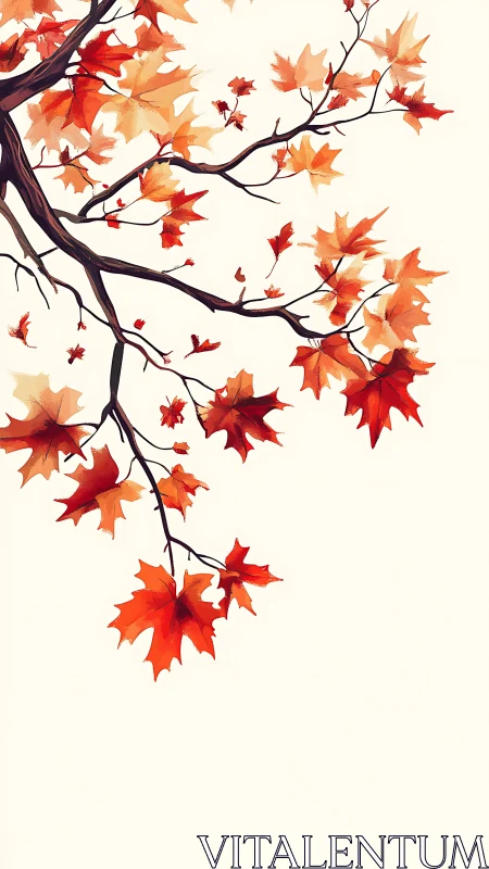 Scarlet maple leaves drift gently across a calm cream sky