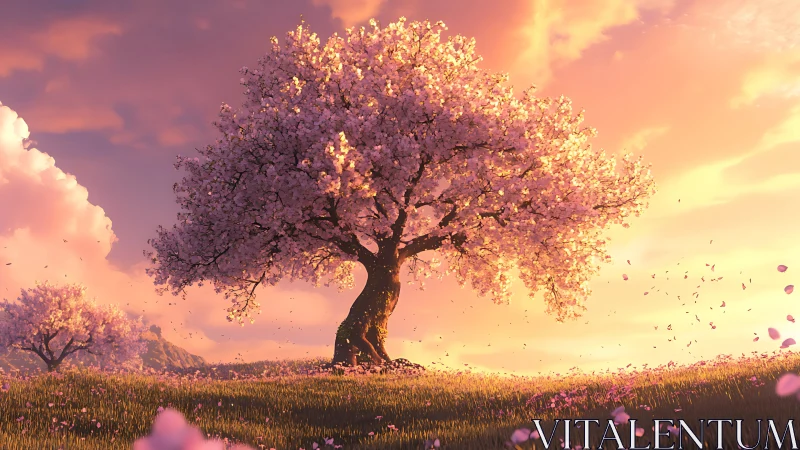 Single cherry blossom tree stands in glowing sunset field