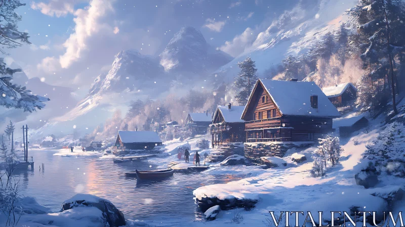 Snow-covered lakeside village with wooden cabins and mountains.