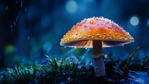 Glowing amanita mushroom gleams under a moody forest rain