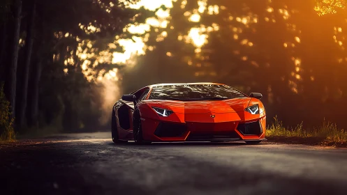 Low-slung orange supercar under golden forest backlight.
