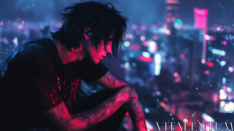 Neon rooftop loner humming against the sleepless city glow.