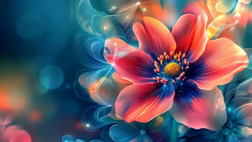 Glowing fantasy flower opens gently in a dreamy colored world