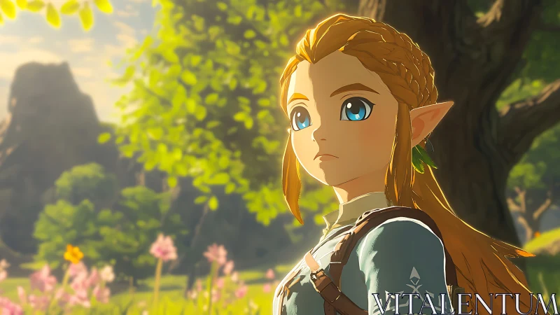 Elf warrior gazing ahead in sunlit fantasy meadow scene.