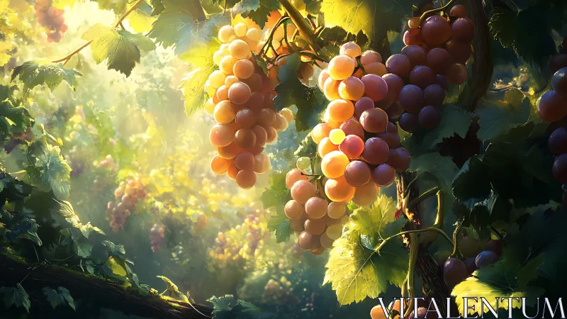 Sunlit grape clusters glowing in lush vineyard canopy.