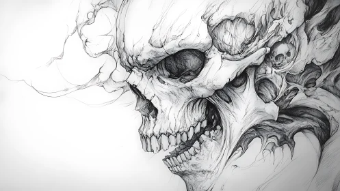 Detailed skull illustration with layered bone textures.