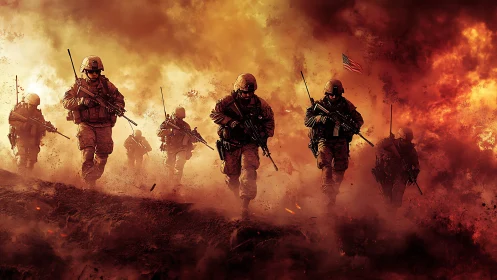 Soldiers advancing through fiery battlefield smoke and dust.