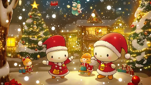 Cute chibi characters celebrate in glowing snowy Christmas village.