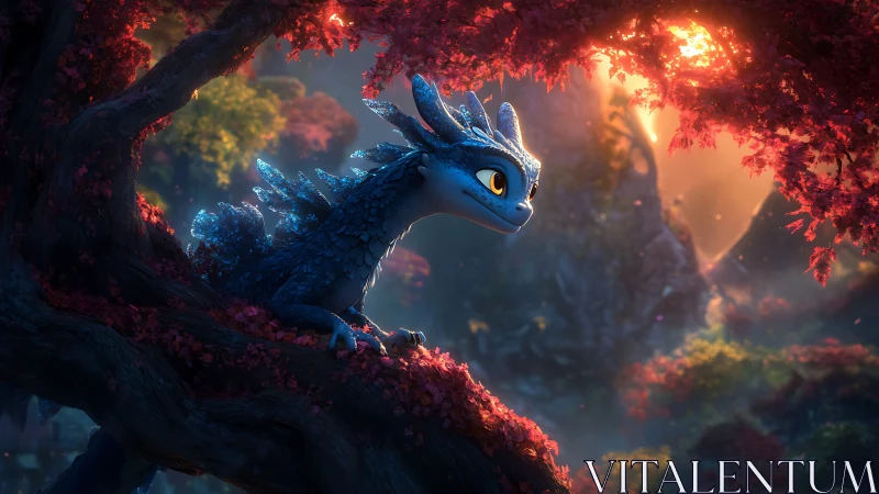 Blue dragon-like creature rests in autumn forest at sunset