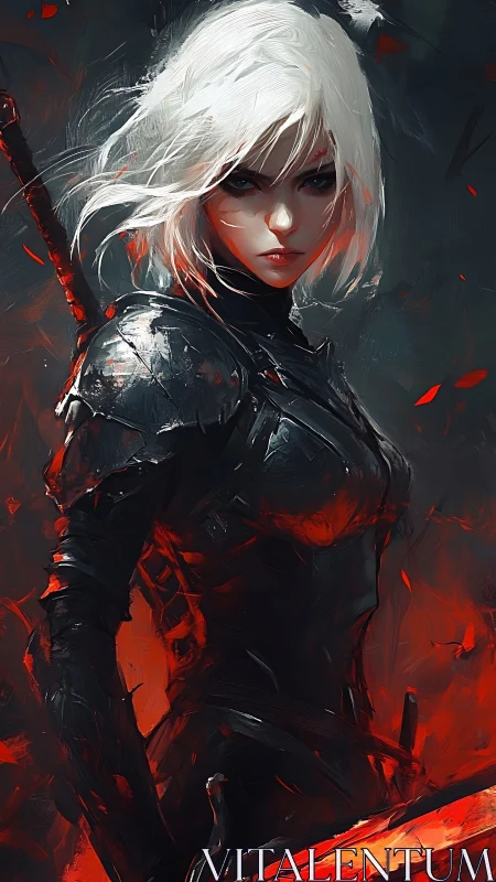 White haired warrior in scorched armor wields ember blade.