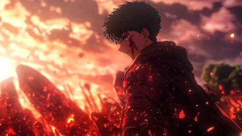 Battle-scarred anime warrior in molten dusk embers panorama.