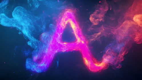 Neon letter A formed by dynamic blue and magenta smoke.