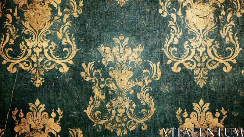Vintage gold damask pattern overlays distressed teal fabric