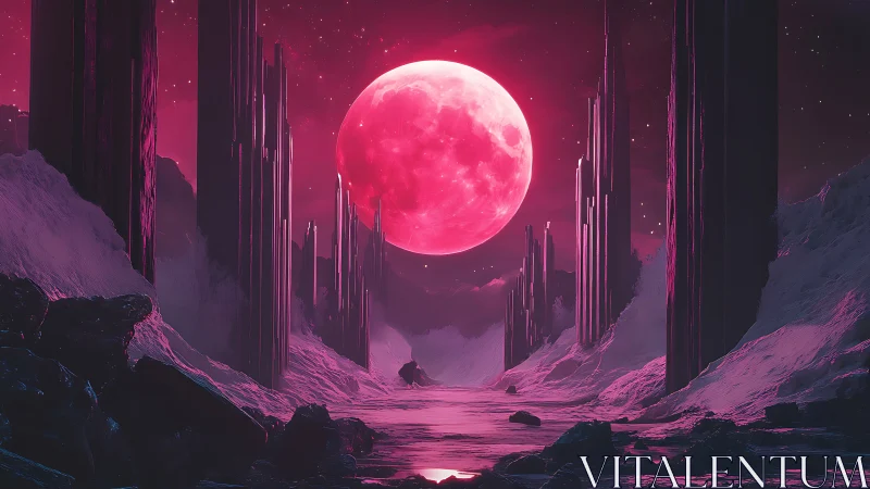 Lunar-illuminated alien ravine with crystalline monolith arrays