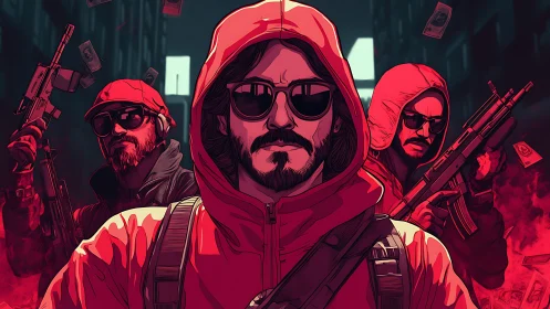 Hooded heist crew in neon red comic crime alleyway.