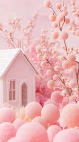 Pastel candy cottage nestles among soft pink spheres.