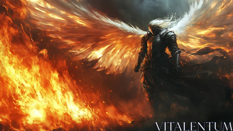 Armored angel with blazing wings in fiery battlefield.