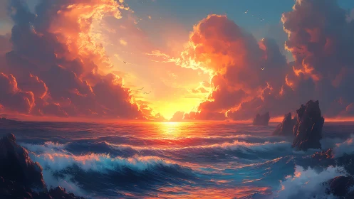 Sunset forges a molten doorway across the stormy sea