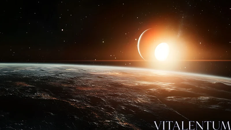 Digital painting of alien sunrise over frozen exoplanet horizon.