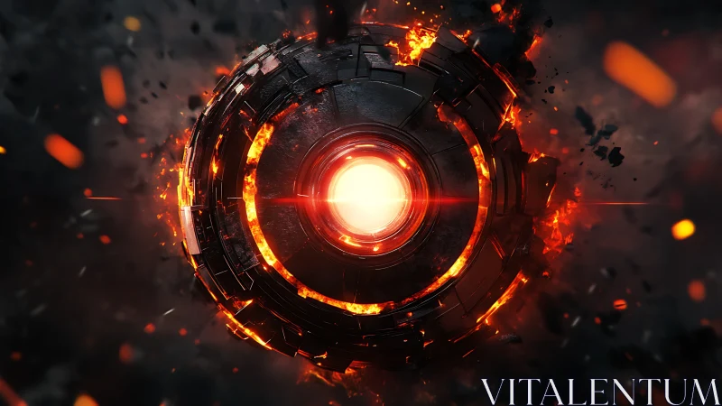 Circular mechanical core with molten outer ring in space.