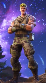 Armored space soldier stands confident against nebula sky.