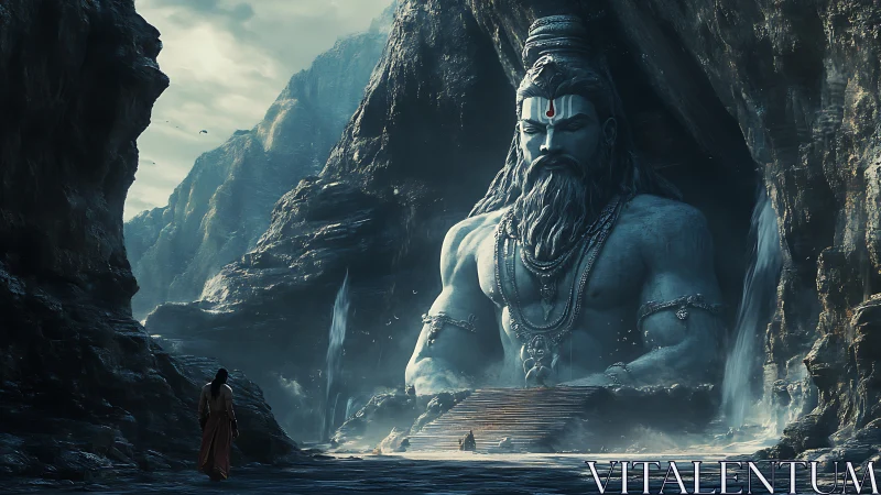 Digital painting of colossal cave deity with cinematic lighting.