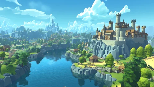 Sunlit low-poly river kingdom crowned by twin castles.