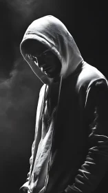 Hooded figure is illuminated by directional side lighting