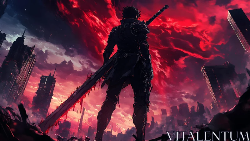 Lone bladebearer surveys a bleeding crimson apocalypse skyline.