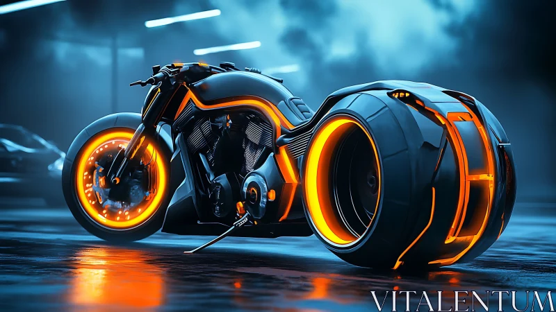 Cyberpunk neon hoverbike profile in wet-street lateral view.