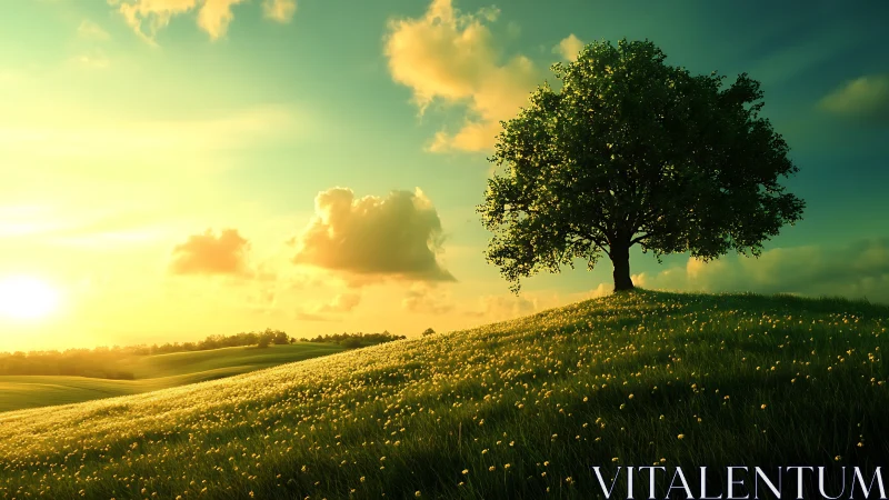 Lone tree on sunlit hill under bright green sky at dusk.