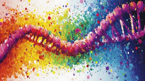 Color-splashed DNA strand dances across a bright rainbow field