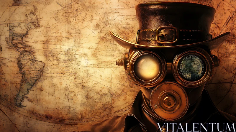 Steampunk-masked figure before vintage world map background.