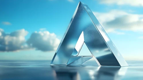 Glassy 3D Triangular Structure Reflecting Sky and Clouds.