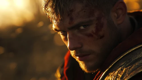 Close portrait shows armored man with bloodstained face