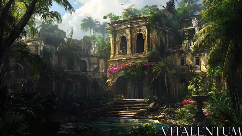 Overgrown jungle palace ruins around tranquil lagoon pool.