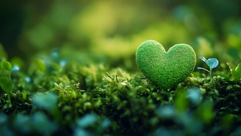 Moss heart sculpture rests on forest floor in shallow focus