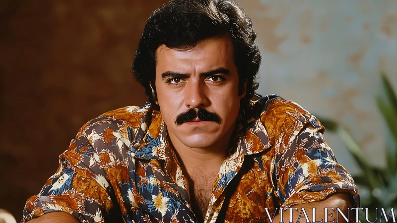 Man with mustache in patterned shirt against soft backdrop.