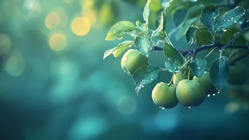 Green apples with dew on branch in soft morning bokeh.
