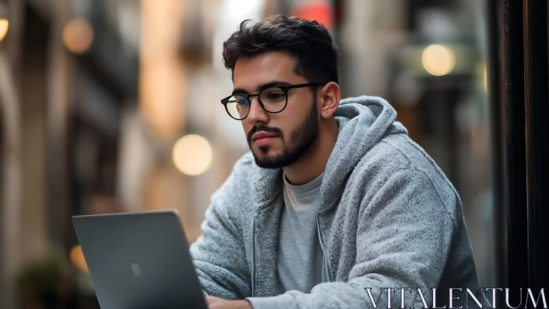 Young adult works on laptop in soft blurred city street