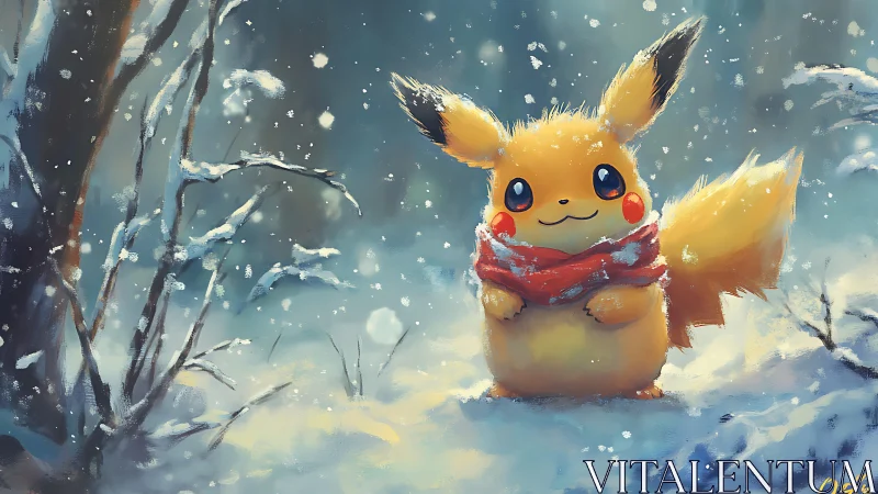 Pikachu in a snowy forest wrapped in a warm red scarf.