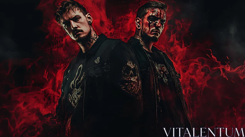 Two men in dark jackets stand before red smoke backdrop